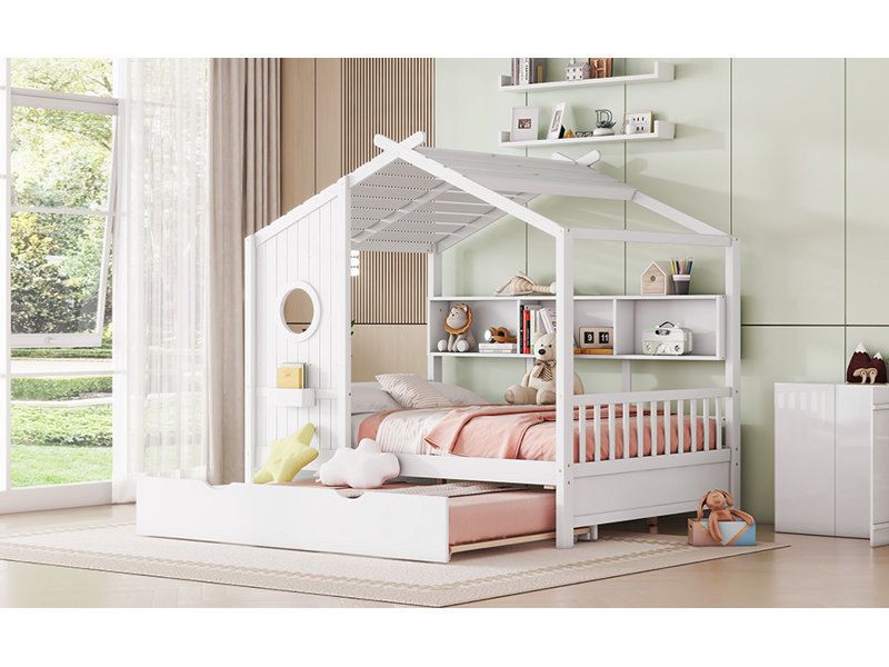 Lit maison contemporain en bois avec lit gigogne et tablettes de rangement, Lit double, Blanc