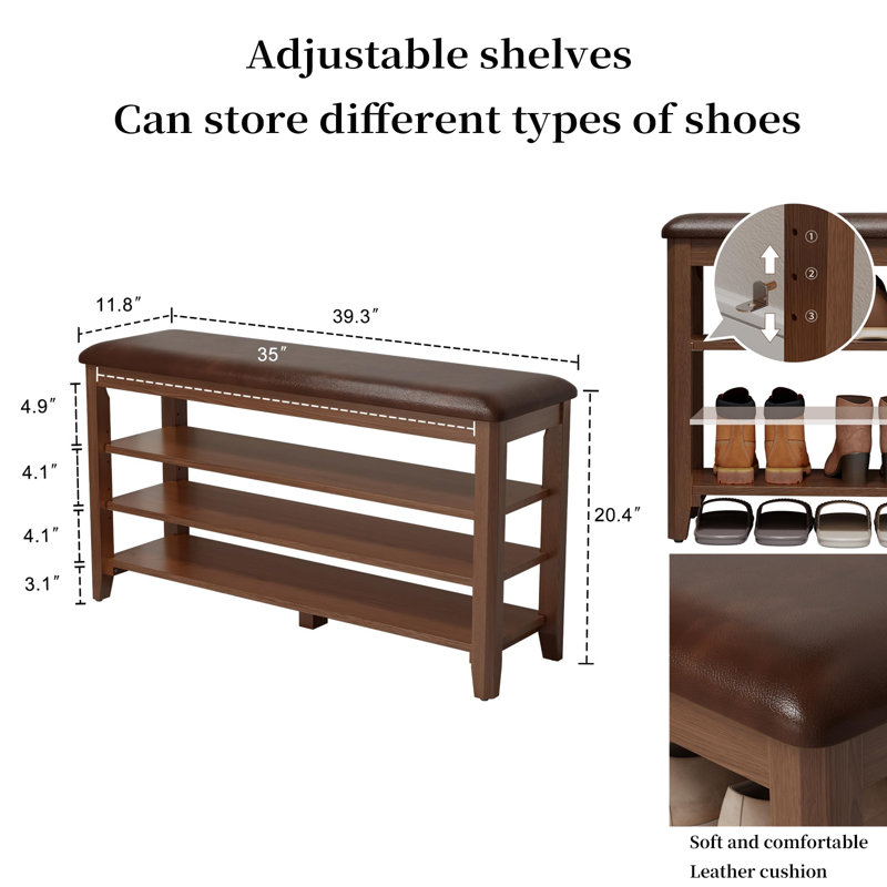 3-Tier Adjustable Shoe Bench With Leather Cushion — Walnut-Finish Entryway Storage Stool For Hallways & Mudrooms