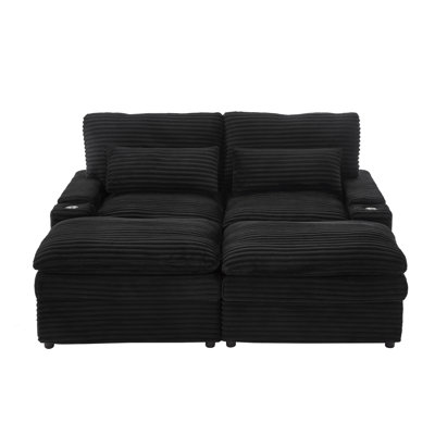 Loveseat Sofa 70.9" Free-Combined Sectional Convertible Sofa Bed With Storage Space, Two Movable Ottomans, Four USB Ports And Two Cup Holders For Living Room, Black