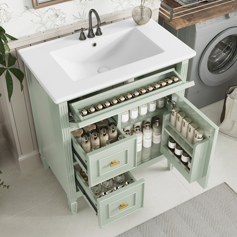 Meuble-lavabo 30 po avec lavabo, meuble-lavabo avec un tiroir rabattable et deux tiroirs, tablette réglable, bois massif et panneau de fibres à densité moyenne