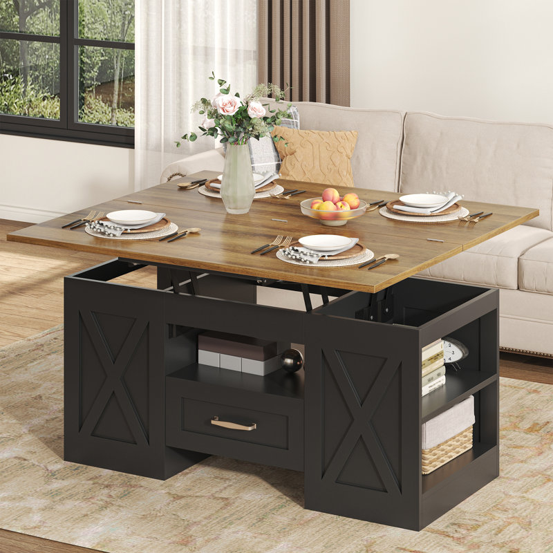 Lift Top Coffee Table, 39.37" Large Wooden Farmhouse Coffee Table With Drawer & Open Storage Shelves, Rectangular Living Room Table, Center Table For Living Room, Home Office, Brown/Black