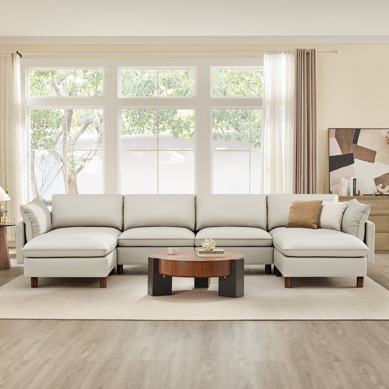 Canapé modulaire en cuir fleur 6 pièces Solena, Gris clair