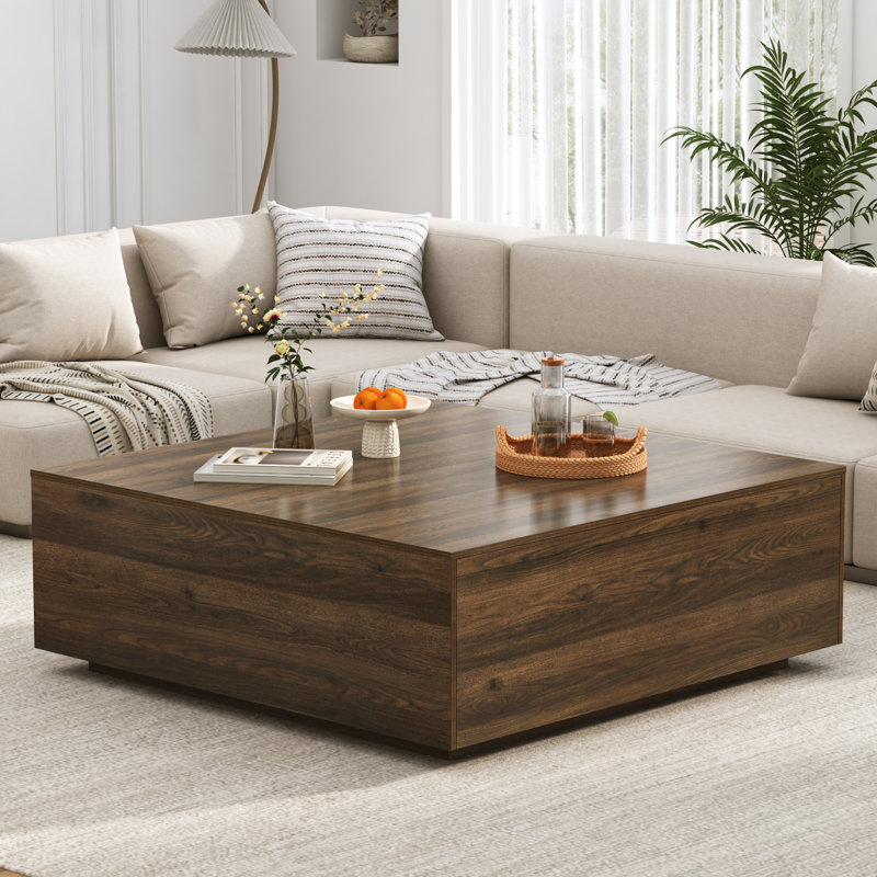 Table basse moderne carrée 47 po avec 2 tiroirs, grande table centrale carrée, table basse en bois pour le salon, Noyer