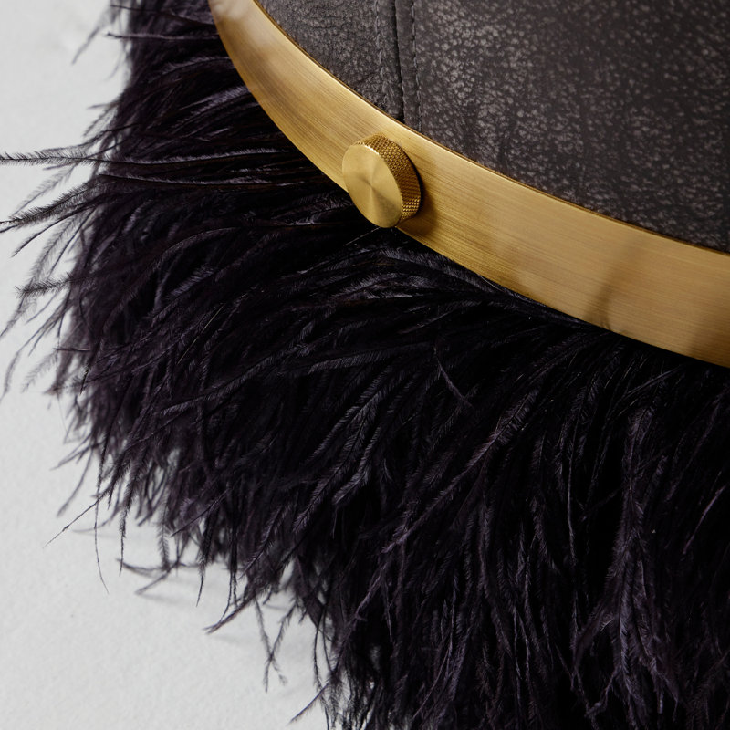 Leather Ostrich Fluff Pouf, Charcoal/Black