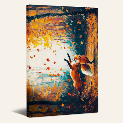 Art sur toile, "Red Fox Reaching for Falling Leaves"