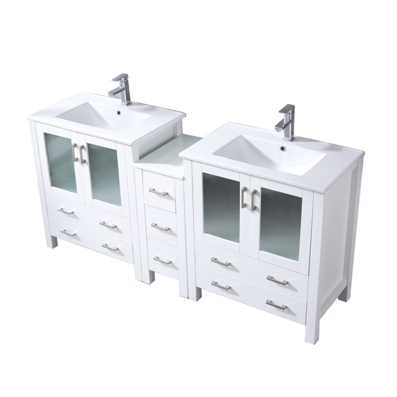 72 po Le meuble-lavabo double blanc W est livré avec une armoire latérale, un comptoir en céramique, un robinet, des tiroirs à fermeture douce, un grand espace de rangement dans les armoires et un comptoir Scratch, un robinet de salle de bain large à un trou,