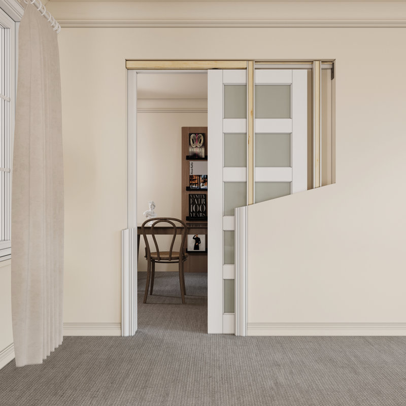Interior Sliding Pocket Doors 5 Lite Tempered Frosted Glass Sliding Door With Hardware & Soft Close, 32" W x 80" H