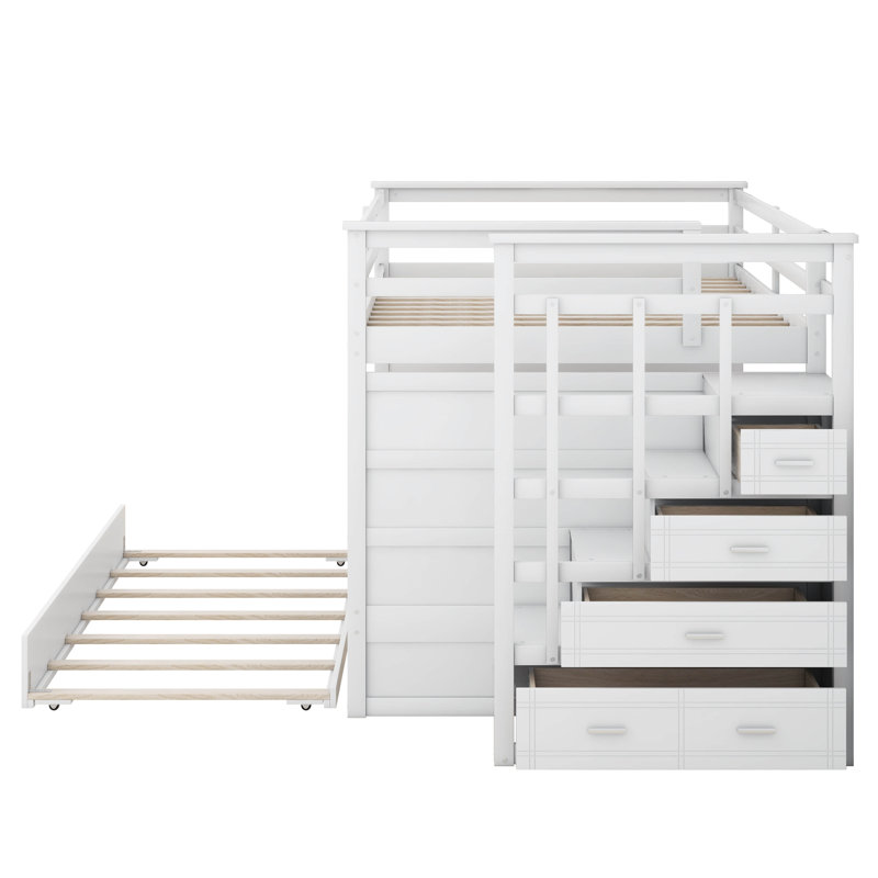 Lit superposé double avec lit gigogne avec tiroirs Hanli Kids, Blanc