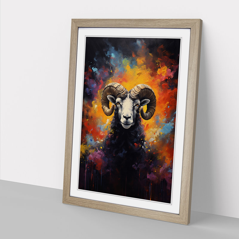 XYZ-FRM-V1223-5403 Ram Sheep Informel - Single Picture Frame Print on Wood, Oak, 46cm H x 34cm W x 2cm D