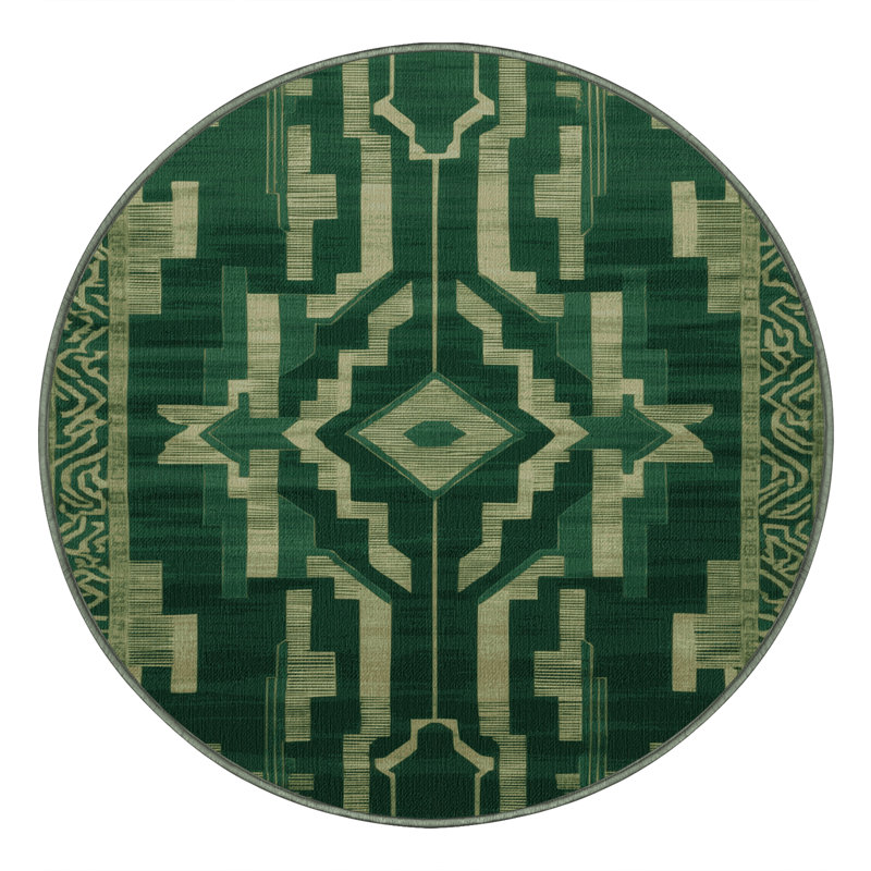 Machine Washable Art Deco Green Area Rug, Round 5'