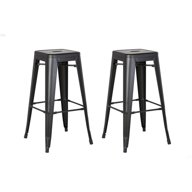 Backless Modern Light Weight Industrial Contemporary Rustic Vintage Costal Metal Bar Stools Without Back And 4 Leg Design (Set Of 2) (30" Seat, Distressed Black)