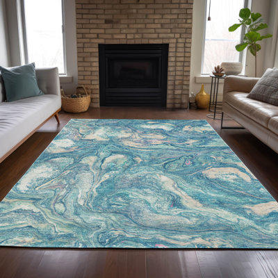 Tapis bleu sarcelle lavable à la machine intérieur / extérieur Xhevrie