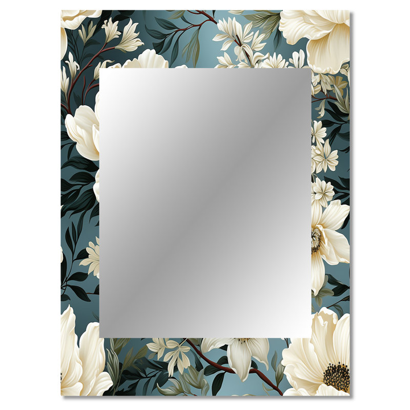 Zharyah blanc et bleu délicat coquelicots fleurs - miroir unique floral, grand miroir mural de maison, art en métal imprimé