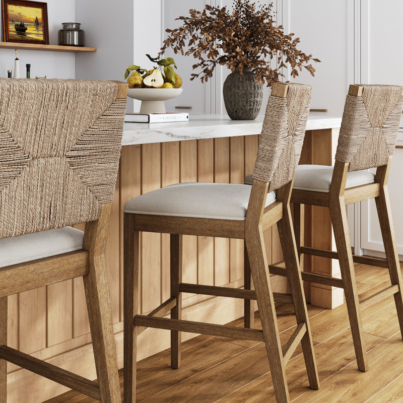 Beacon 29" Light Brown Rubberwood Bar Stool with Cream Boucle Seat