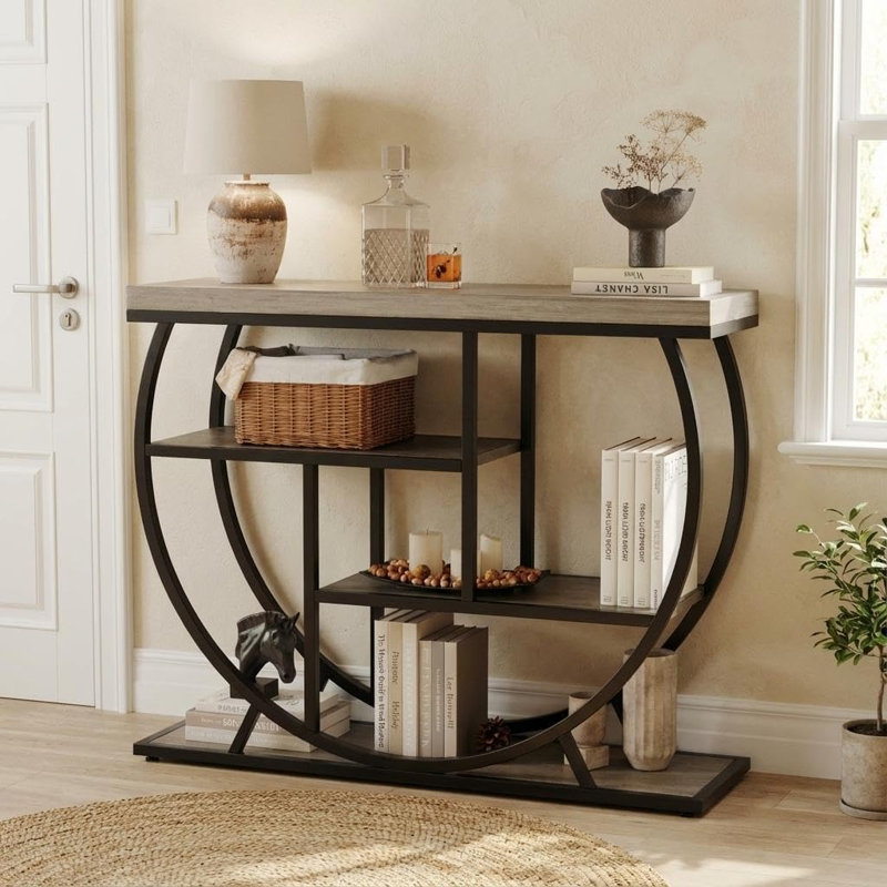 Rustic Industrial Console Table & Entryway Table, 39-Inch Narrow 4-Tier Storage Table with Circle Frame, Gray