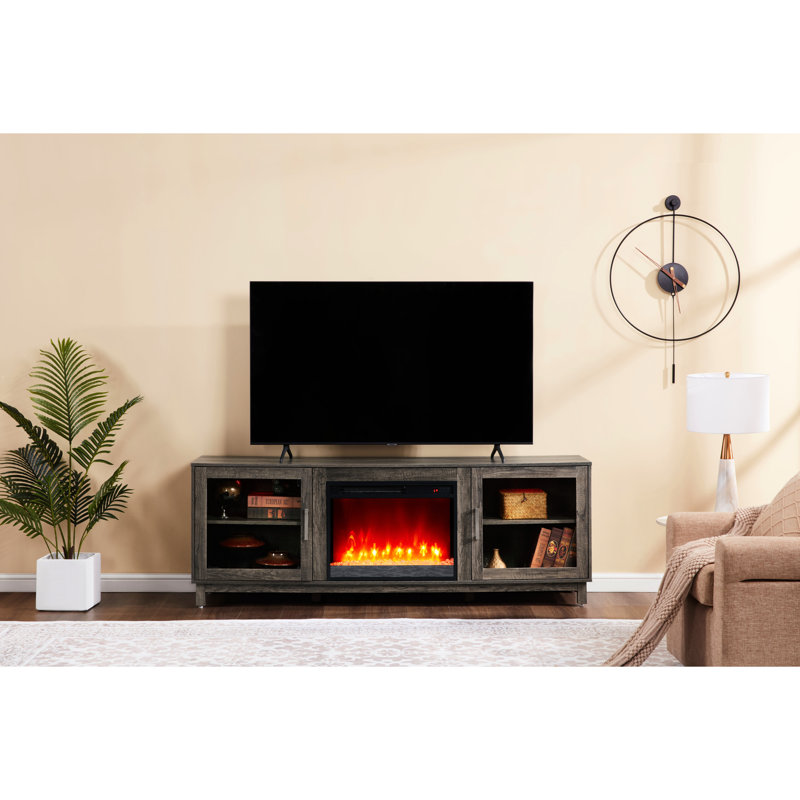 Meuble télé 70 po avec foyer et radiateur à finition noyer gris avec 11 variations de température, 7 options de couleur de flamme, minuterie, éclairage à DEL pour armoire, profondeur 15,67 po, hauteur 25,71 po, poids 117,91 lb