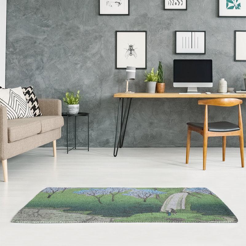 Tapis chiyogaike étang avec fleurs vert/bleu/brun, Rectangle 2 pi x 3 pi