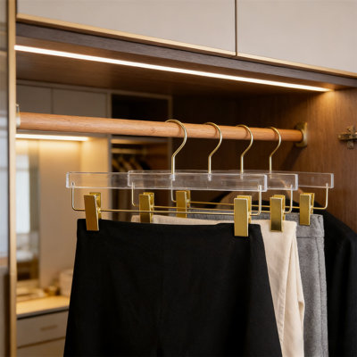 Cintre pour pantalons en acrylique avec pinces dorées et crochet doré pivotant à 360 ° - Taille standard transparente, idéal pour les mariages, les jupes et les magasins de vêtements