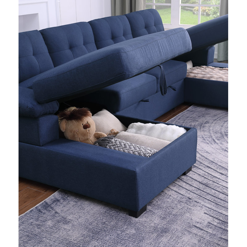 120" W Symmetrical U-Shaped Pull Out Sleeper Sofa, Double Storage Chaise, Dark Blue Linen