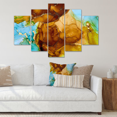 «Brown and Turquoise Luxury Abstract Fluid Art II», ensemble de 5 impressions sur toile tendue