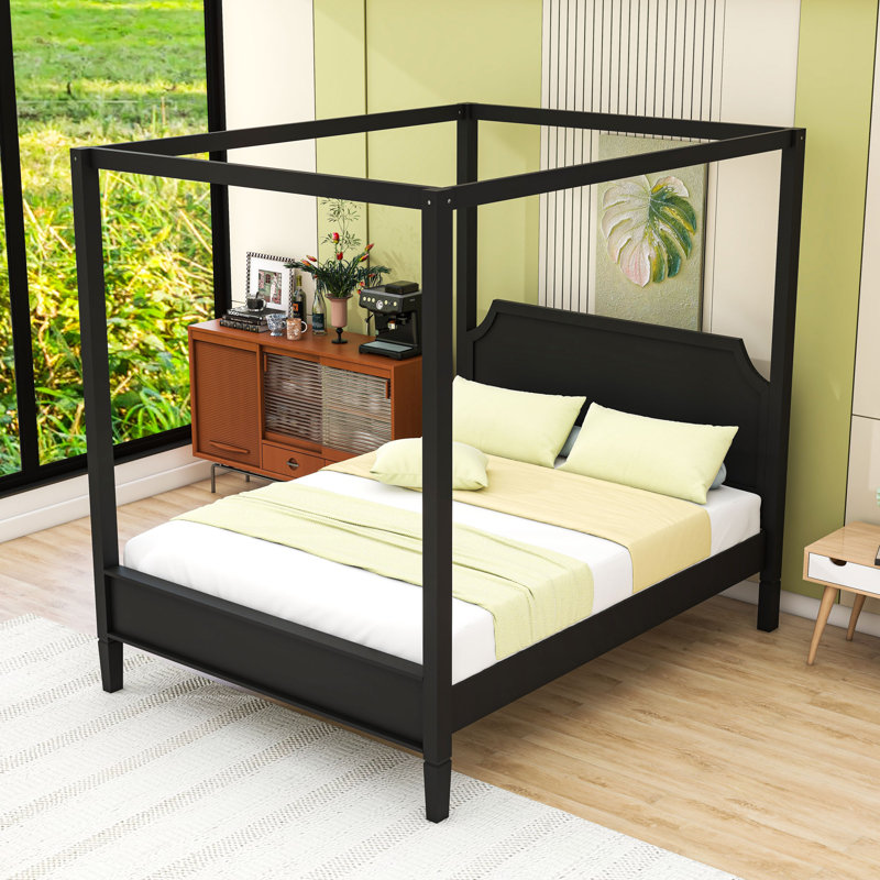 Lit plateforme à baldaquin en bois avec tête de lit, Noir, Grand