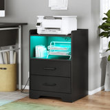 Black Dressing Table For Bedroom, Led Nightstand With Charging Station, Side Table With Usb Port, Nightstand With 2 Fabric Drawers And Open Bedroom Compartment, Set Of 2