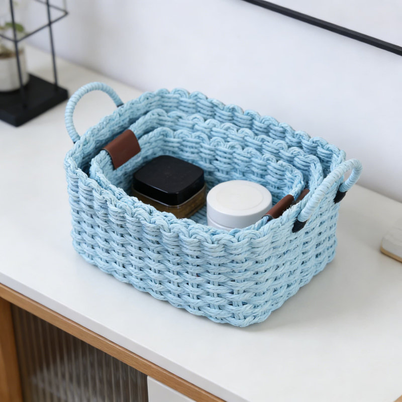 Handwoven Storage Baskets Set Of 3, Eco-Friendly Recycled Paper Rope Organizer Bins With Vegan Leather Trim For Shelves, Bathroom, Desk, And Home Decor