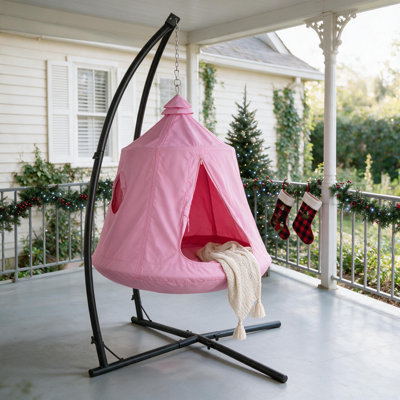 Hanging Hammock X-Stand with Tree Tent, Indoor Metal Swing Chair Stand with Play Tent, Outdoor Egg Basket Patio Seat with Support Stand, Porch Bedroom Balcony Chair with Adjustable Solid Stand(Pillows and cushions are not included)
