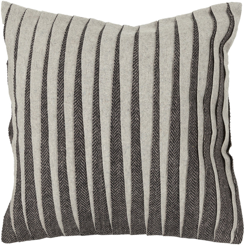 Wool Removable Cover Pillow Throw Authentic Handmade Square Polyester Fill Grey Non-Reversible Vertical Stripe With Gray Cotton Backing
