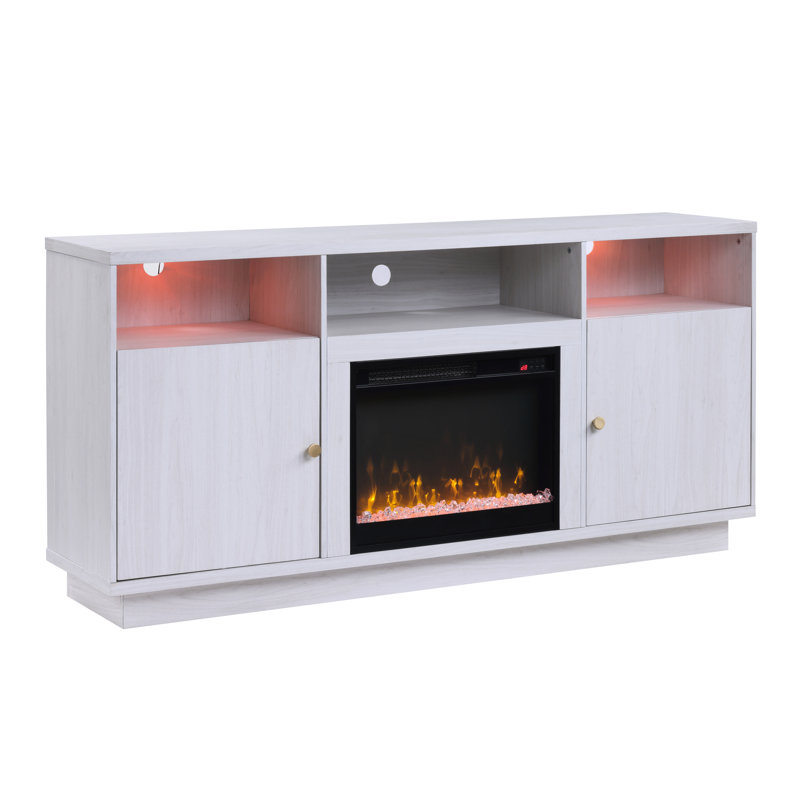 70"W White Walnut Fireplace Console Tv Stand With Heater, Multiple Flame And Led Color Choices, 3 Open Shelves 2 Cabinets 70 - 69 Inch Settings,