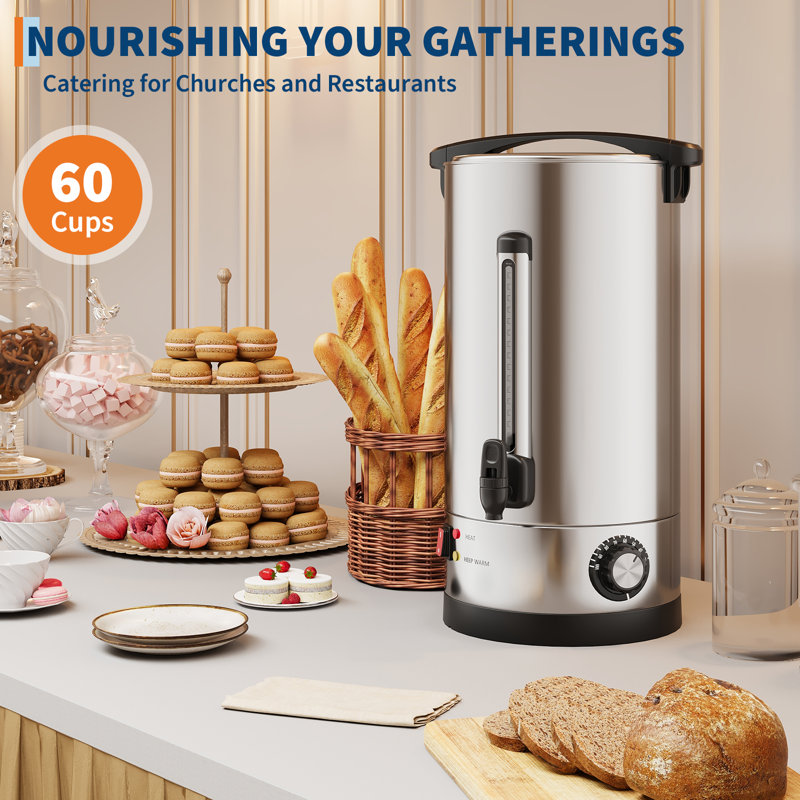Urne à café commerciale à grande capacité - Chauffe-boissons à double paroi en acier inoxydable - Comprend un panier-filtre - Parfait pour les buffets, la restauration, les fêtes, les mariages et les événements professionnels - 60 tasses, 10 litres