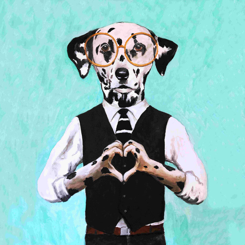 Dalmatien avec cœur à doigts - peinture sur toile tendue, H 20 po x l 20 po, Non, Cadre flottant noyer