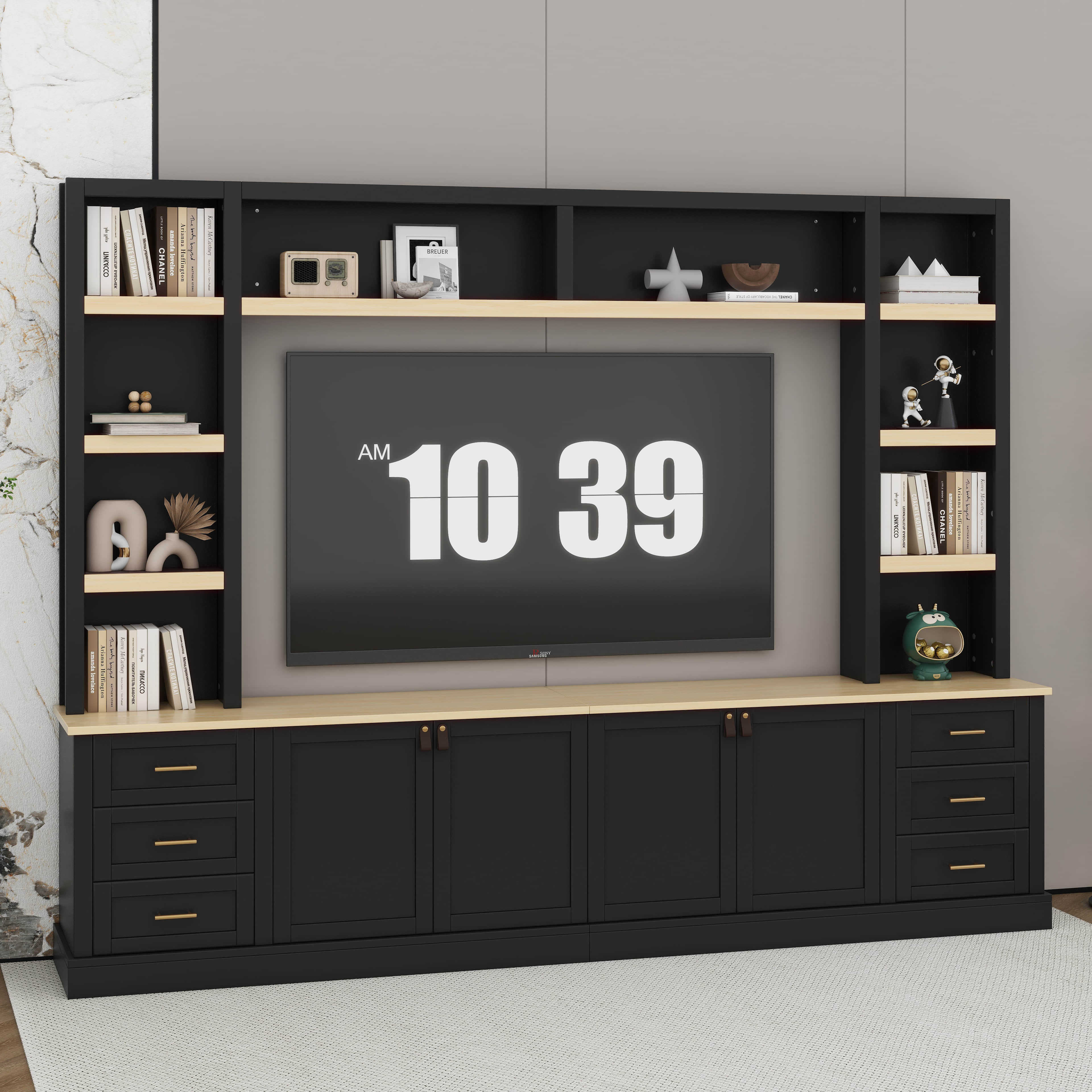 Winston Porter 102.3" TV Stand With Bookshelves & 6 Drawers, Rustic ...