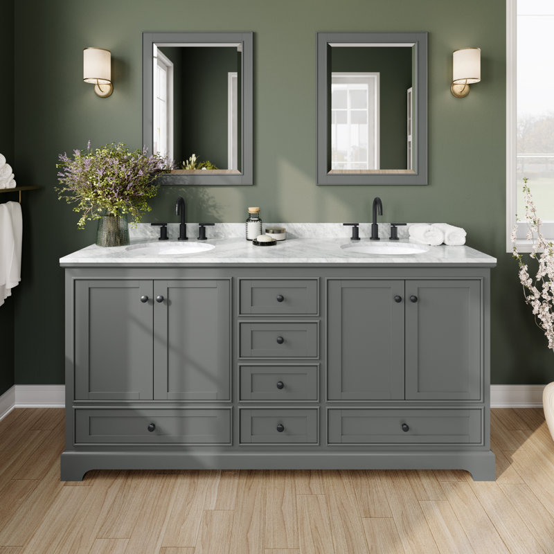 Deborah 72'' Double Bathroom Vanity with Marble Top, Dark Gray, Matte Black