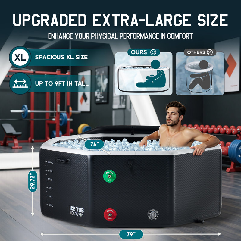 Inflatable Cold Plunge Tub for Athletes, Ice Bath Tub with Insulated Lid Non-Slip Mat, Water Chiller Compatible, Portable for Outdoor & Indoor Recovery, 79"L x 79"W x 33"H, Black
