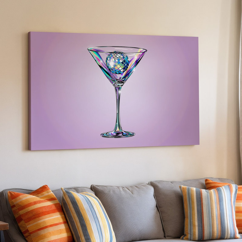 Toile, un verre à martini stylisé vibrant est placé en évidence contre un art mural doux sur fond rose avec une boule disco éblouissante, art mural