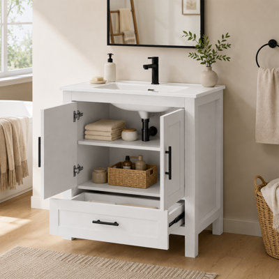 Ensemble de meuble-lavabo autoportant simple 30 po avec lavabo en céramique Lumina, blanc, contreplaqué de bois franc, portes à fermeture en douceur et rangement intérieur réglable