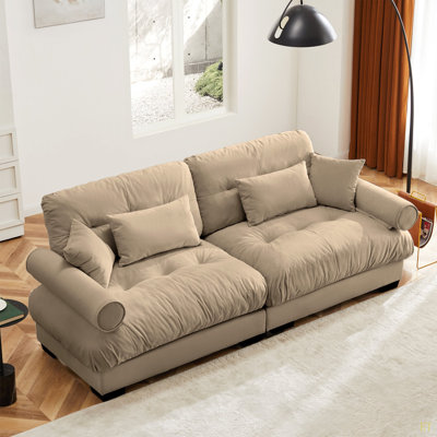 Large Size Modern Two-Seater Sofa With Bolstered Armrests,Velvet 2-Seater Sofa With Waist Pillows And Throw Pillows , Suitable For Living Room , Loft, Working Spaces , Hallway And Bedroom