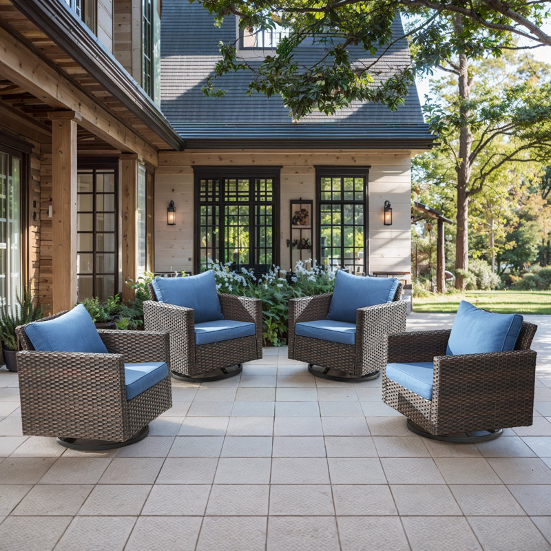 Ingvald Swivel Rocking Patio Wicker Chairs with Cushions (Set of 4), Blue, Brown