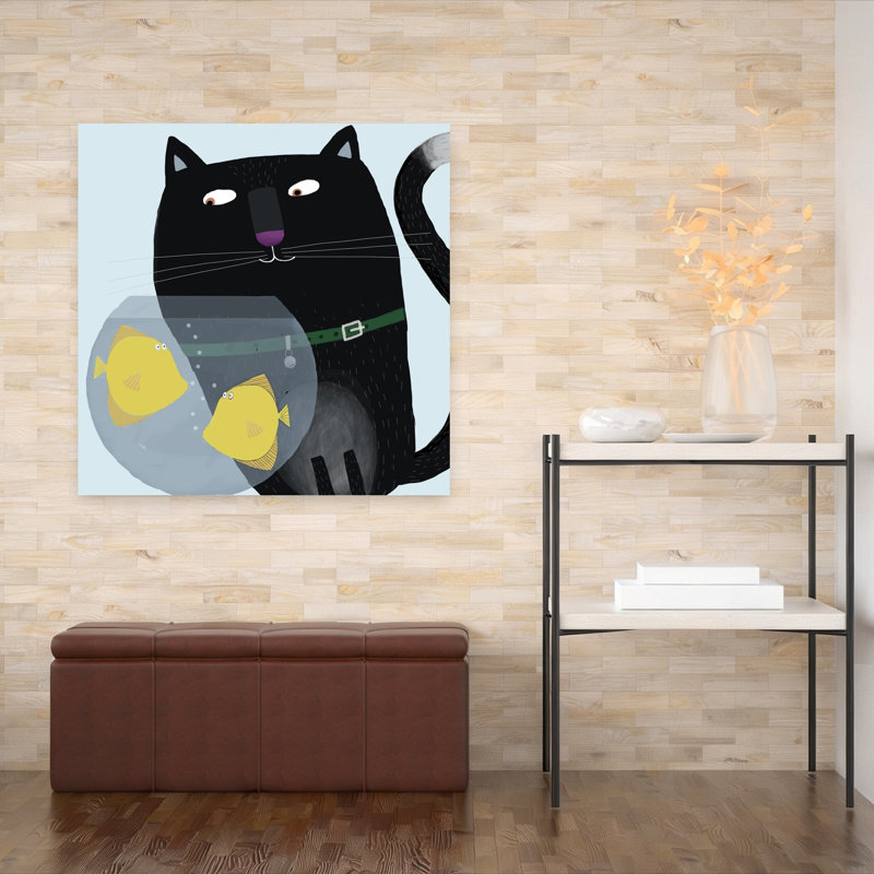 «Black Cat's Fishbowl Friends Playful Whimsical Contemporary Cat Fish», reproduction d'art mural, H 48 po x l 48 po