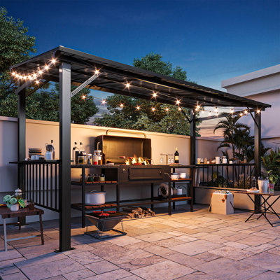 12  x 6 Ft Outdoor Grill Gazebo with Side Shelves, Galvanized Steel Lean-to Patio Shelter  for BBQ, Backyard, Poolside