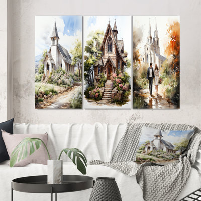 «White Wedding Chapel Rustic Spring Watercolor», ensemble de 3 impressions