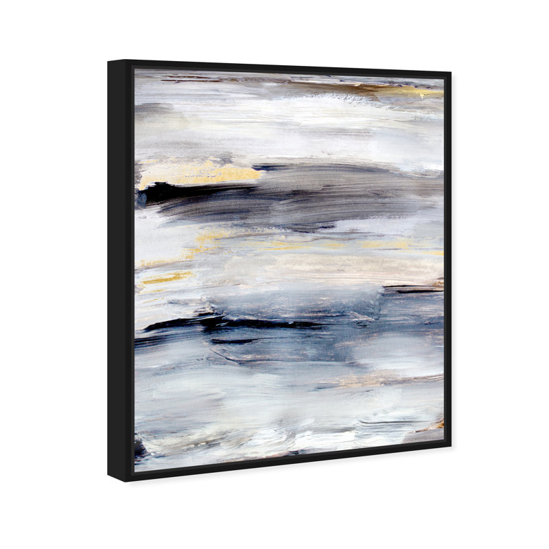 Modern Gray Brush Stroke Painting Print, Black Floater Framed, 46" H x 37" W