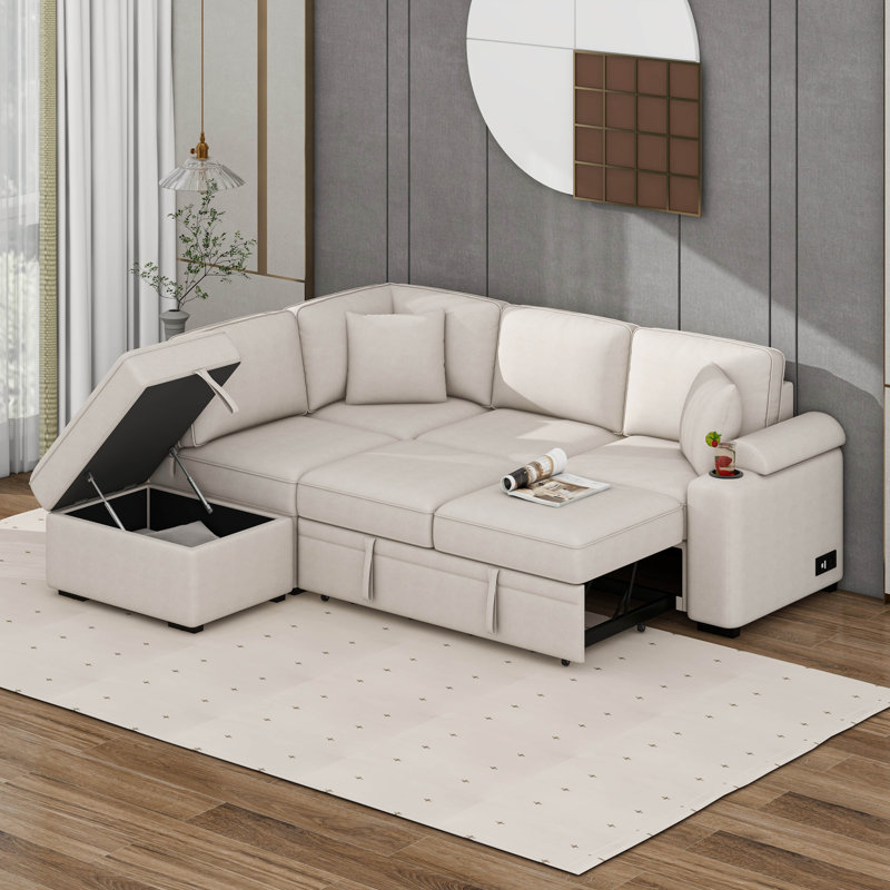 Canapé d'angle modulaire en L avec canapé-lit escamotable en L, Beige