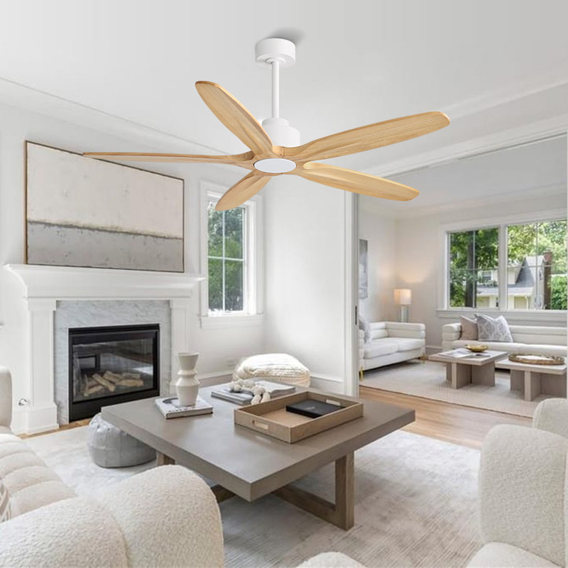  54 po Ventilateur de plafond d'intérieur à 5 pales en bois massif avec télécommande, grain de bois naturel à moteur à courant continu et réversible silencieux