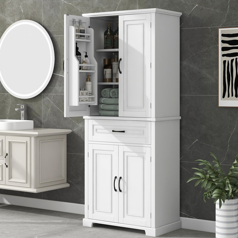 Rangement de salle de bain: Armoire blanche avec portes et tiroir pratique, Blanc