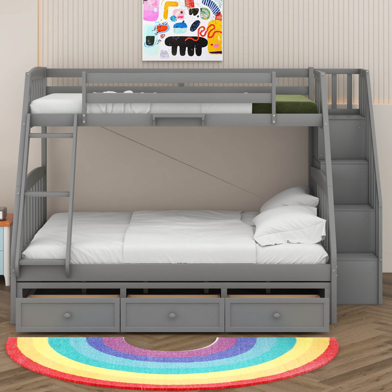Twin Over Full Bunk Bed With Staircase And Drawers, Solid Wood Bunk Beds With Guardrails & Ladders, Can Be Convertible Into 2 Beds