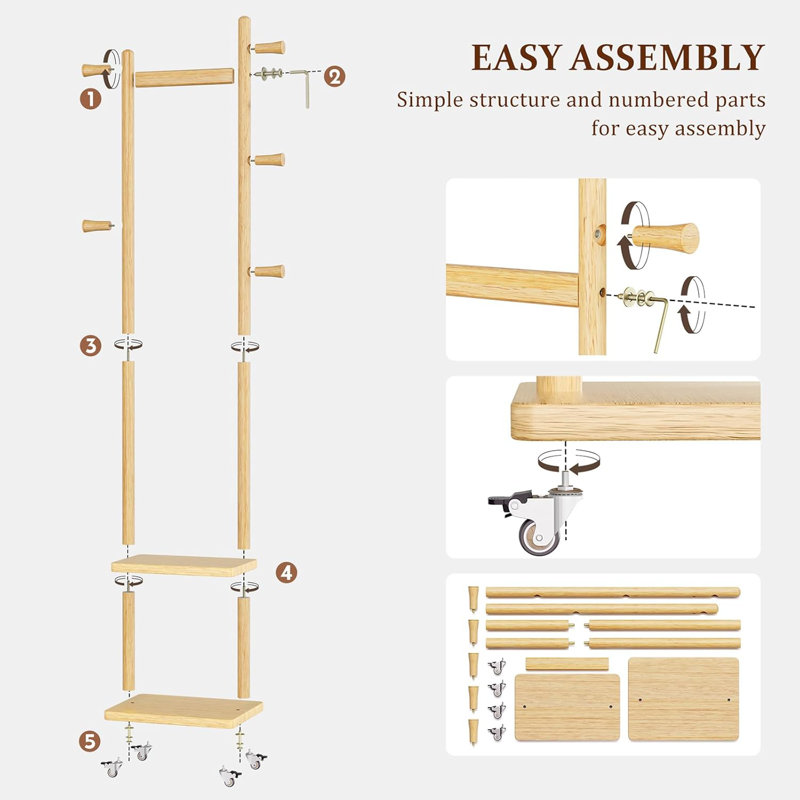 Portemanteau autoportant en bois massif avec roulettes, 2 tablettes et 5 crochets