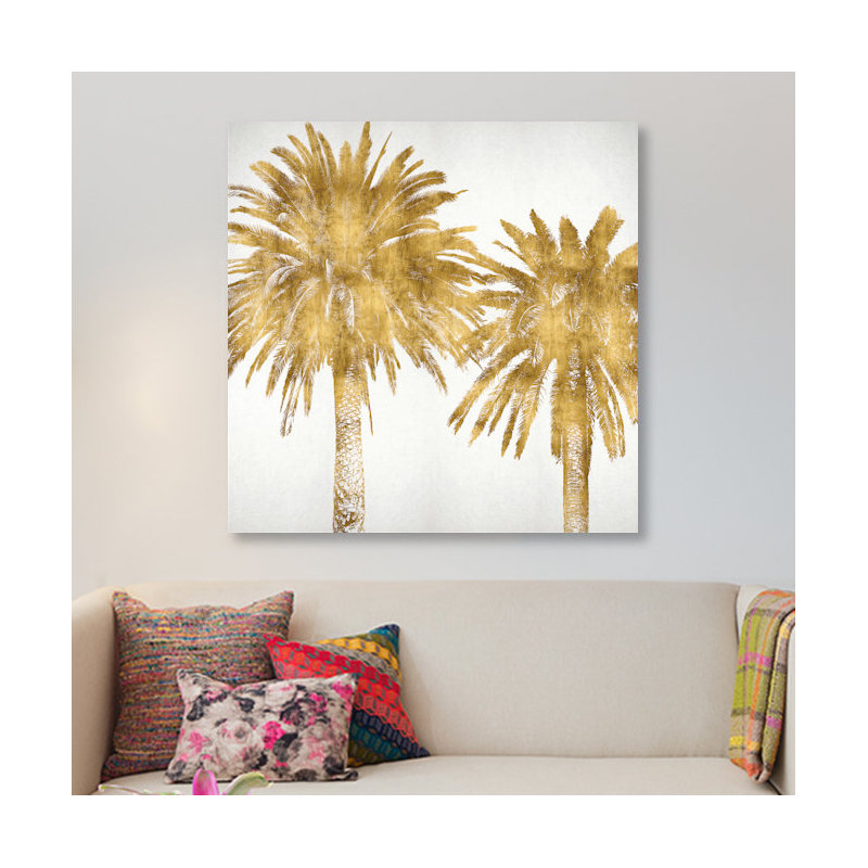«Palms in Gold IV», impression sur toile, H 18 po x l 18 po x P 1,5 po, Toile avec cadre noir, Pas de tapis