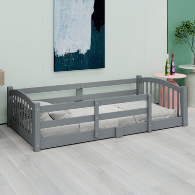 Montessori Floor Bed Featuring Support Slats and Protective Safety Guardrails